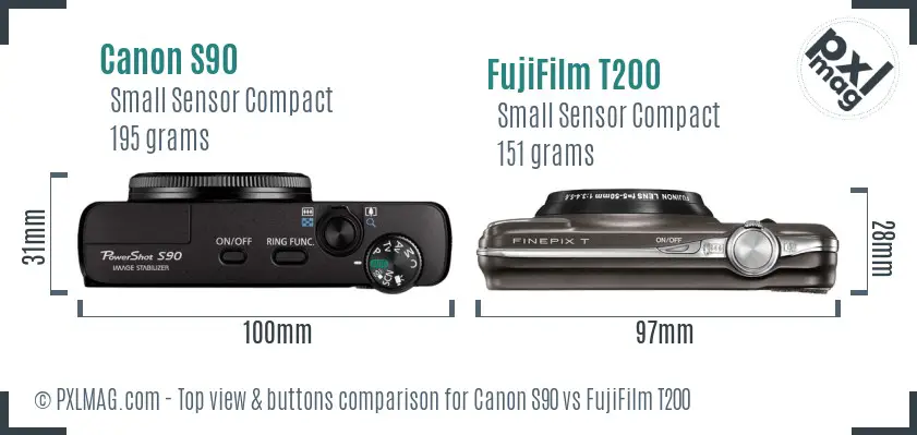 Canon S90 vs FujiFilm T200 top view buttons comparison Canon S90 vs FujiFilm T200 top view buttons comparison