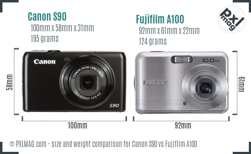 Canon S90 vs Fujifilm A100 size comparison