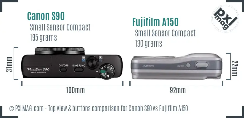 Canon S90 vs Fujifilm A150 top view buttons comparison