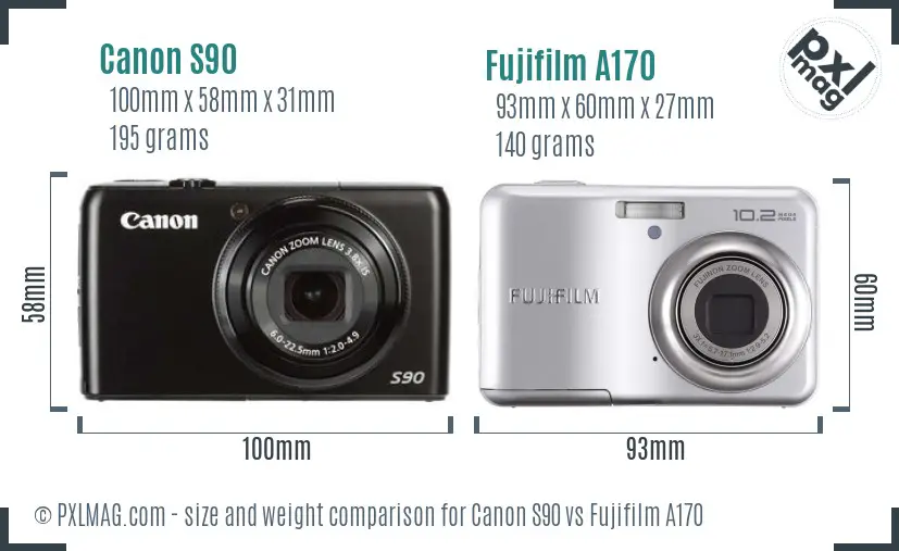 Canon S90 vs Fujifilm A170 size comparison