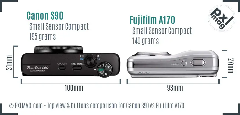 Canon S90 vs Fujifilm A170 top view buttons comparison