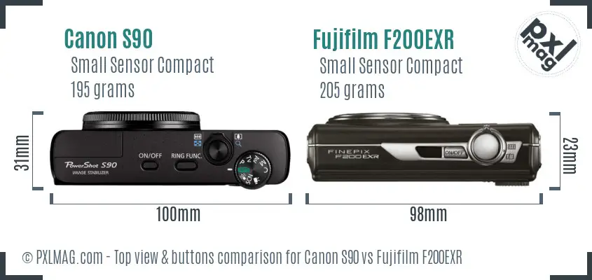 Canon S90 vs Fujifilm F200EXR top view buttons comparison