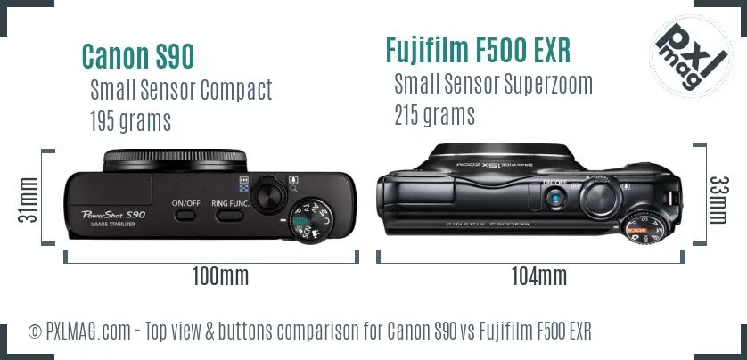Canon S90 vs Fujifilm F500 EXR top view buttons comparison