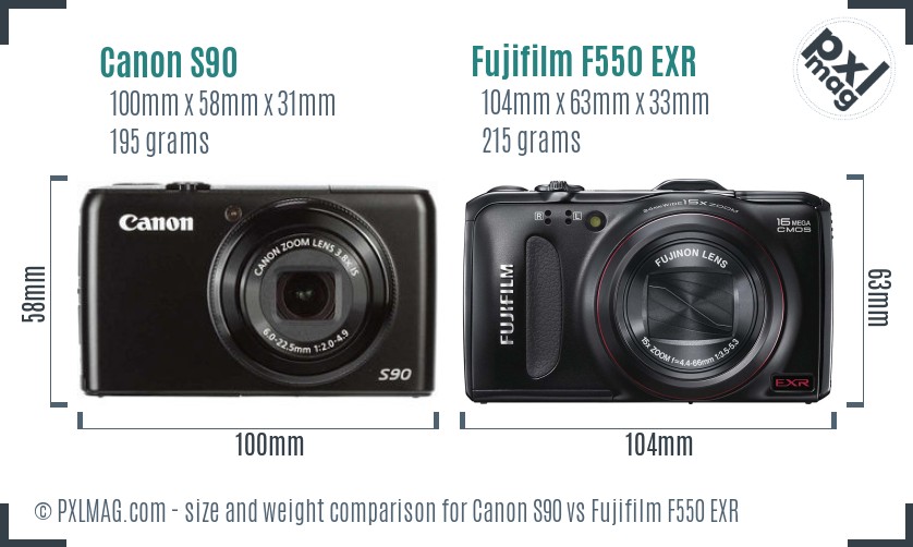 Canon S90 vs Fujifilm F550 EXR size comparison