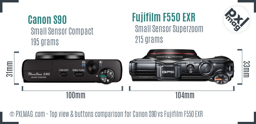 Canon S90 vs Fujifilm F550 EXR top view buttons comparison