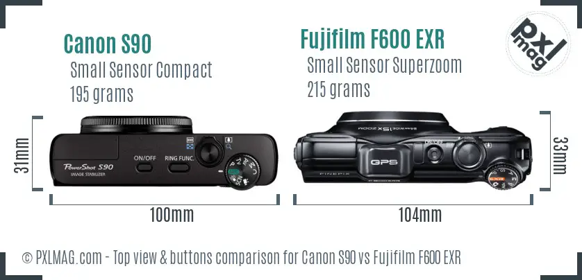 Canon S90 vs Fujifilm F600 EXR top view buttons comparison