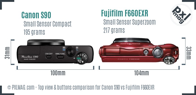 Canon S90 vs Fujifilm F660EXR top view buttons comparison