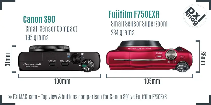 Canon S90 vs Fujifilm F750EXR top view buttons comparison Canon S90 vs Fujifilm F750EXR top view buttons comparison