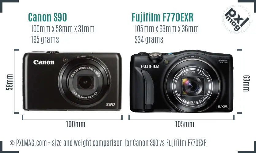 Canon S90 vs Fujifilm F770EXR size comparison