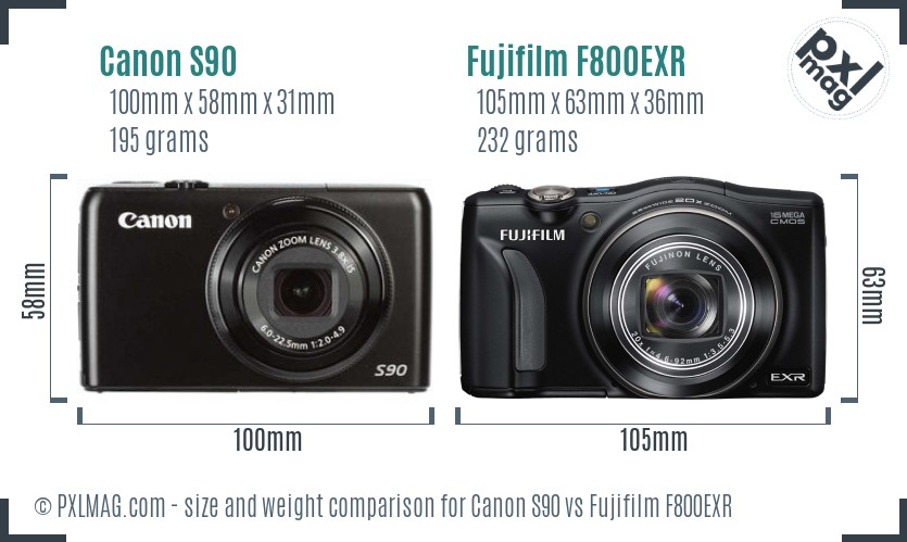 Canon S90 vs Fujifilm F800EXR size comparison