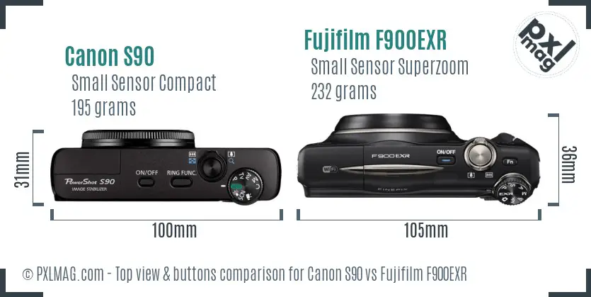 Canon S90 vs Fujifilm F900EXR top view buttons comparison