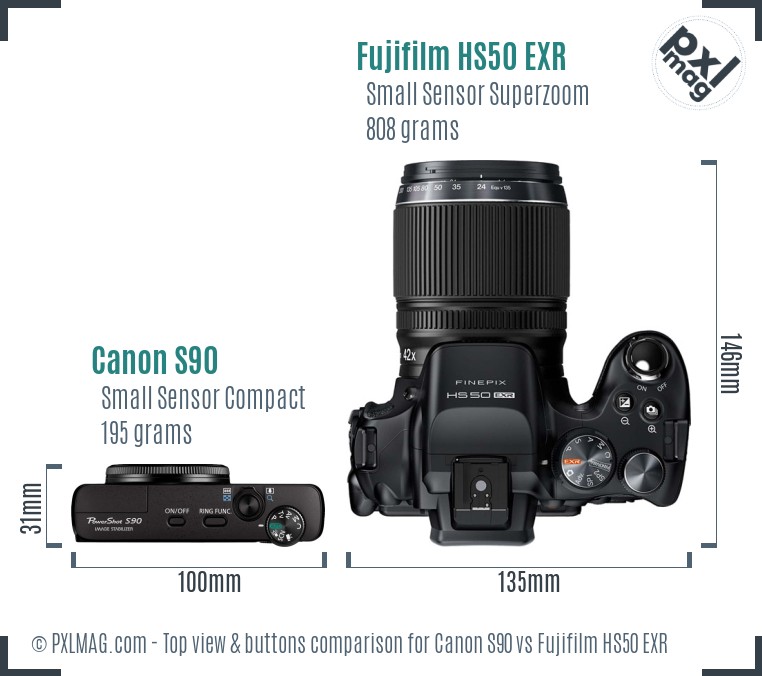 Canon S90 vs Fujifilm HS50 EXR top view buttons comparison