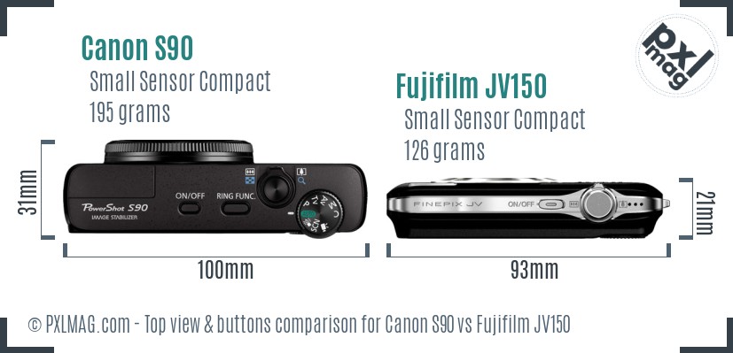 Canon S90 vs Fujifilm JV150 top view buttons comparison