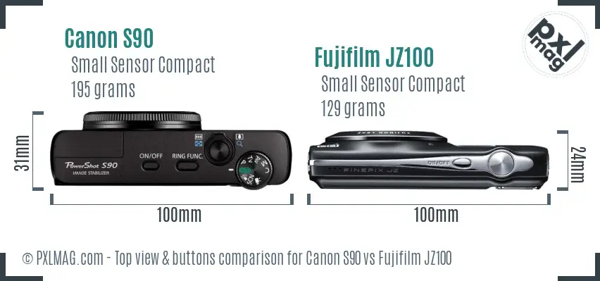 Canon S90 vs Fujifilm JZ100 top view buttons comparison