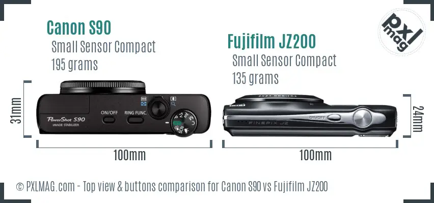 Canon S90 vs Fujifilm JZ200 top view buttons comparison