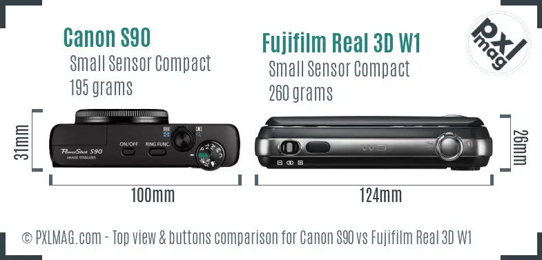 Canon S90 vs Fujifilm Real 3D W1 top view buttons comparison