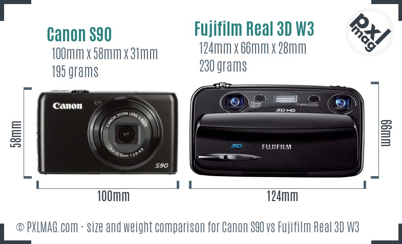 Canon S90 vs Fujifilm Real 3D W3 size comparison