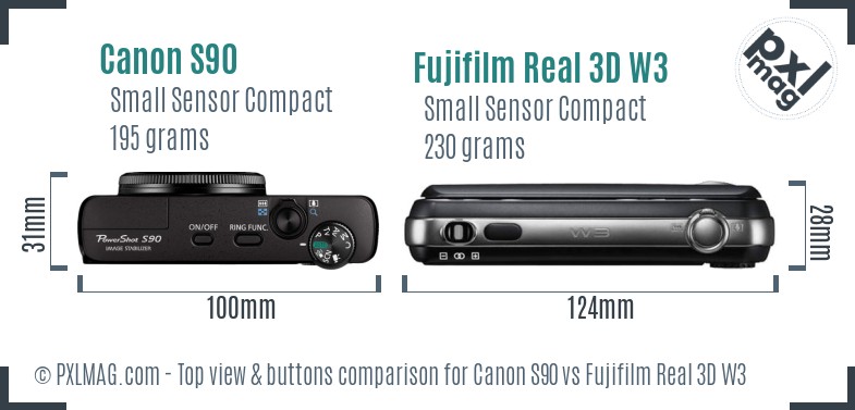 Canon S90 vs Fujifilm Real 3D W3 top view buttons comparison