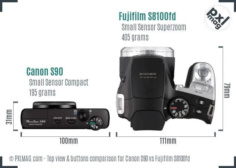 Canon S90 vs Fujifilm S8100fd top view buttons comparison