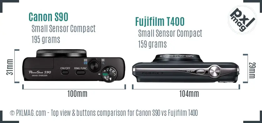 Canon S90 vs Fujifilm T400 top view buttons comparison