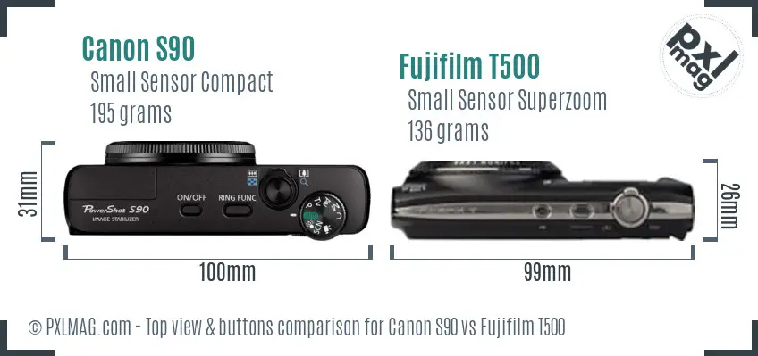 Canon S90 vs Fujifilm T500 top view buttons comparison