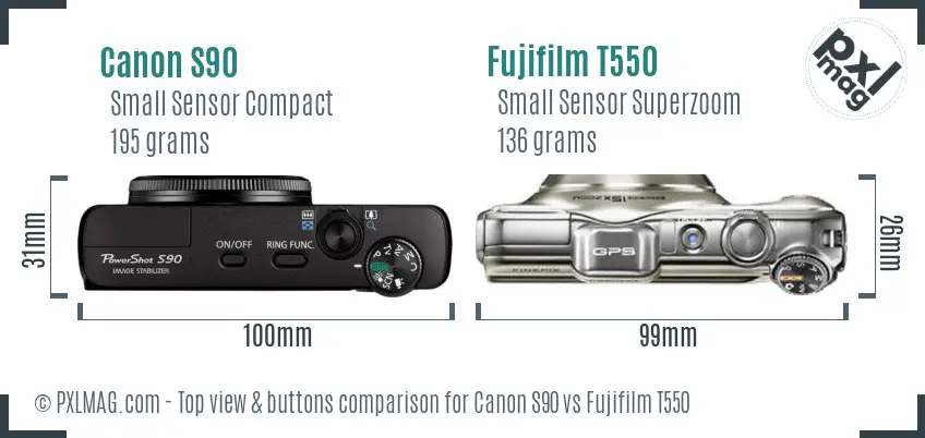 Canon S90 vs Fujifilm T550 top view buttons comparison Canon S90 vs Fujifilm T550 top view buttons comparison