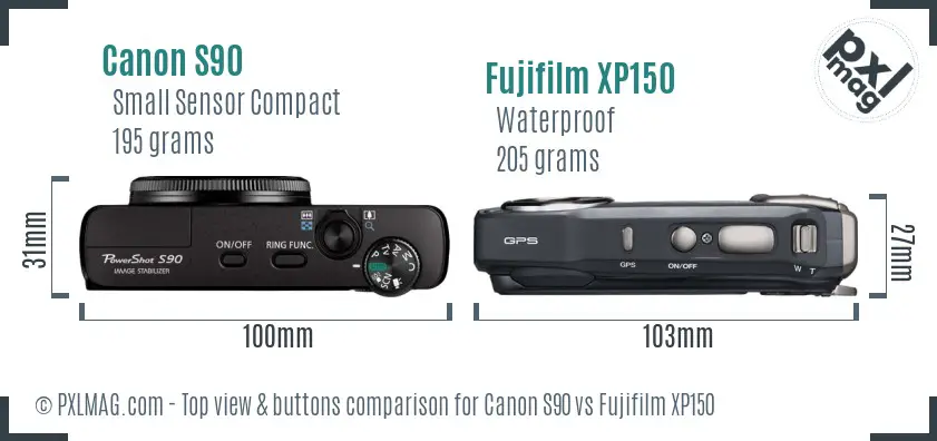 Canon S90 vs Fujifilm XP150 top view buttons comparison