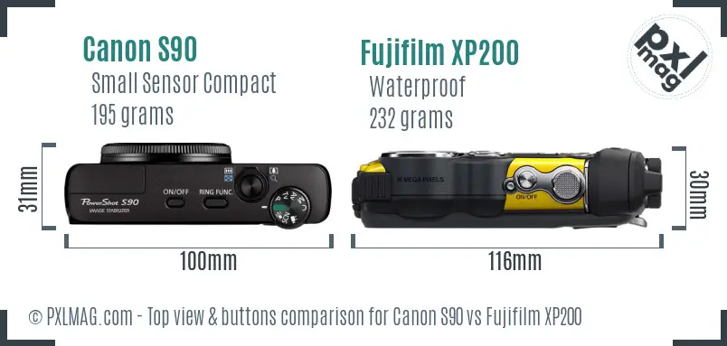 Canon S90 vs Fujifilm XP200 top view buttons comparison