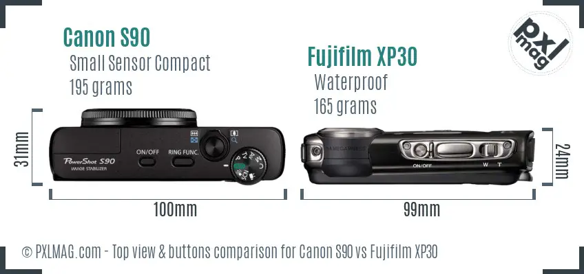 Canon S90 vs Fujifilm XP30 top view buttons comparison