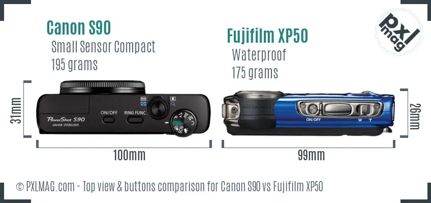 Canon S90 vs Fujifilm XP50 top view buttons comparison