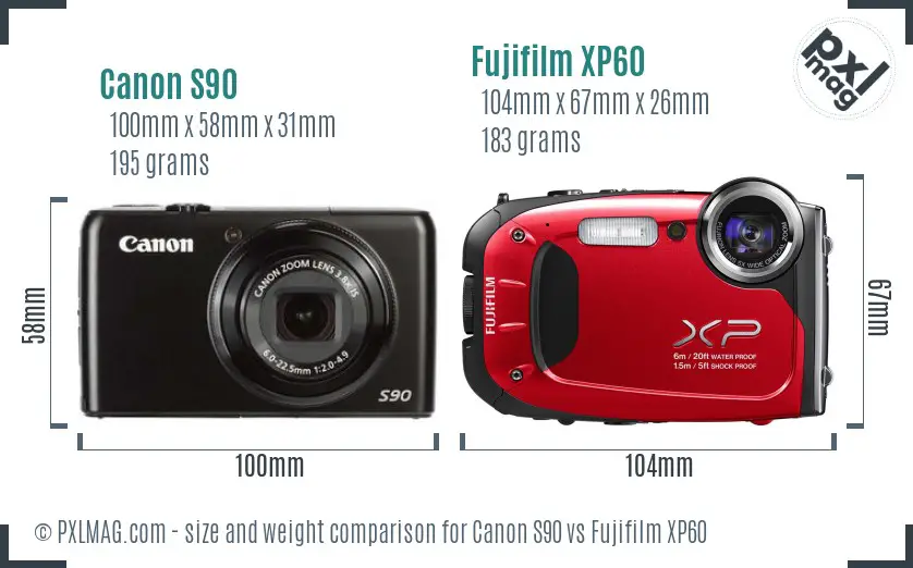 Canon S90 vs Fujifilm XP60 size comparison