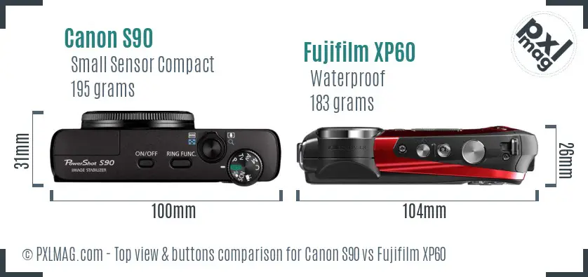 Canon S90 vs Fujifilm XP60 top view buttons comparison