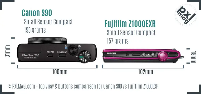Canon S90 vs Fujifilm Z1000EXR top view buttons comparison