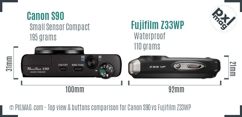 Canon S90 vs Fujifilm Z33WP top view buttons comparison