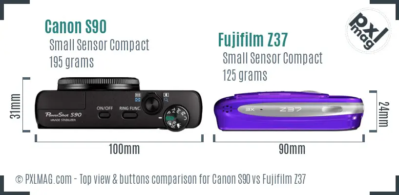 Canon S90 vs Fujifilm Z37 top view buttons comparison