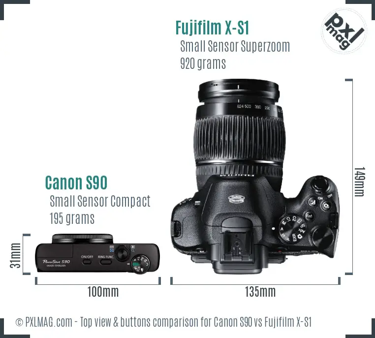 Canon S90 vs Fujifilm X-S1 top view buttons comparison