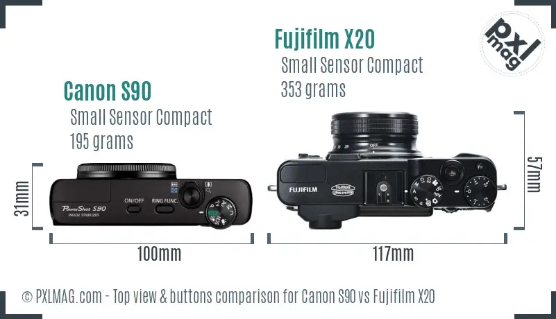 Canon S90 vs Fujifilm X20 top view buttons comparison