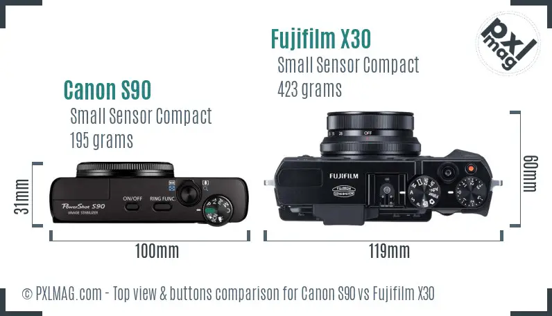 Canon S90 vs Fujifilm X30 top view buttons comparison