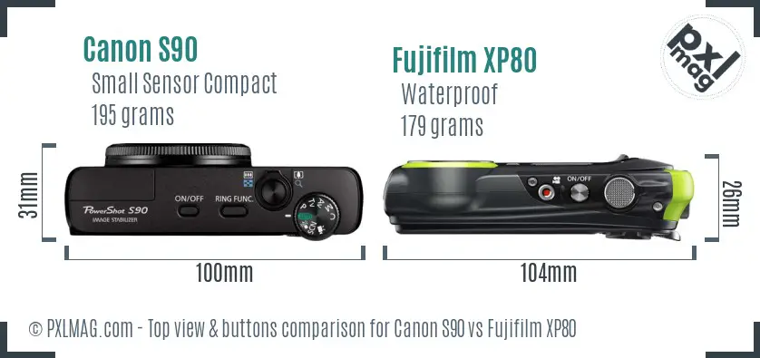 Canon S90 vs Fujifilm XP80 top view buttons comparison