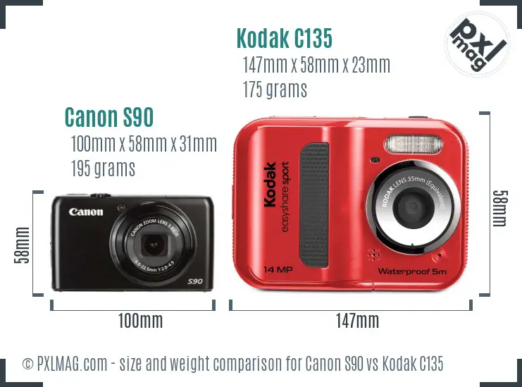 Canon S90 vs Kodak C135 size comparison