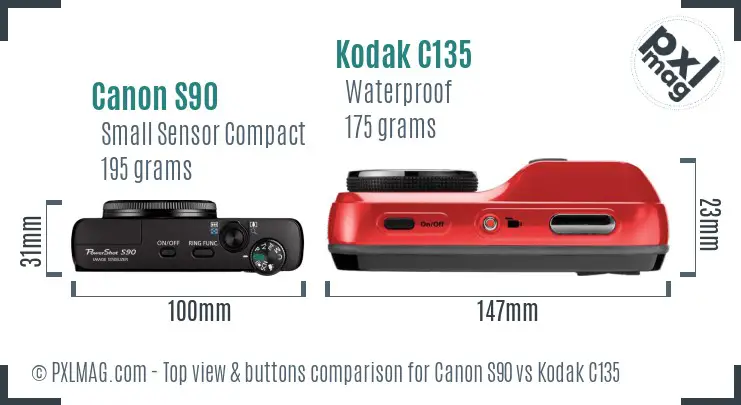 Canon S90 vs Kodak C135 top view buttons comparison