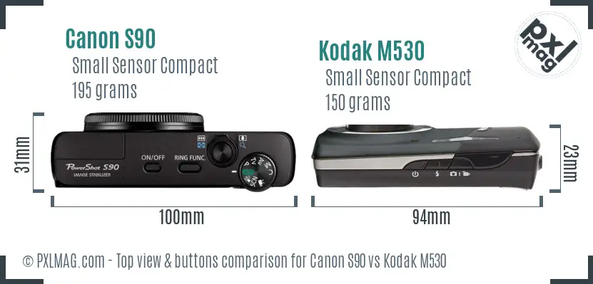 Canon S90 vs Kodak M530 top view buttons comparison