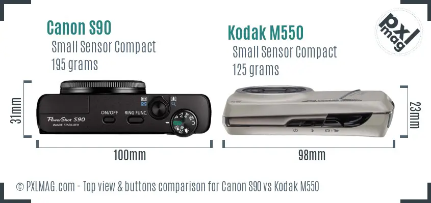 Canon S90 vs Kodak M550 top view buttons comparison Canon S90 vs Kodak M550 top view buttons comparison