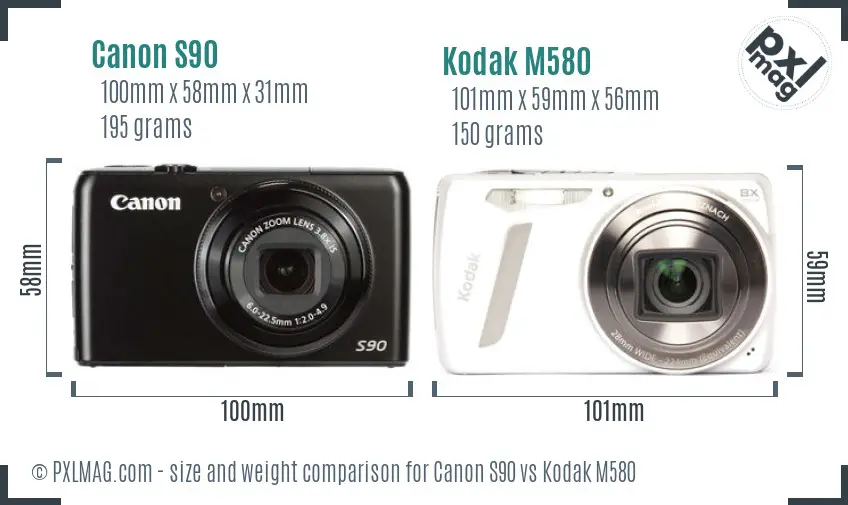 Canon S90 vs Kodak M580 size comparison