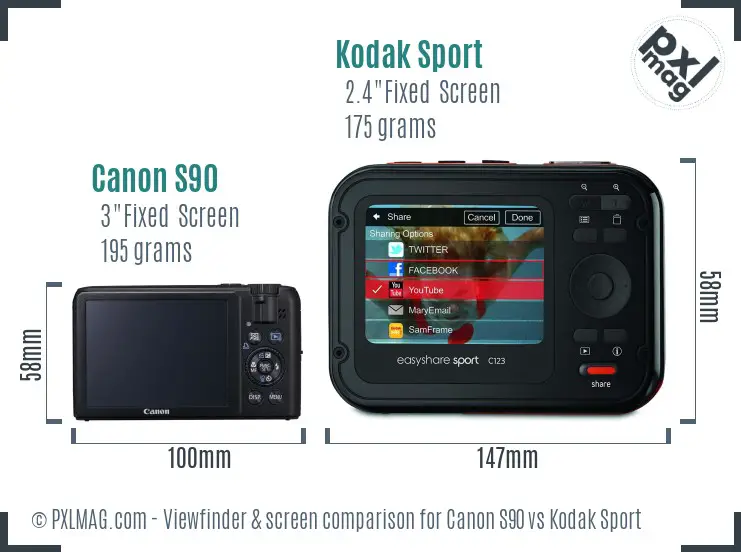 Canon S90 vs Kodak Sport Screen and Viewfinder comparison