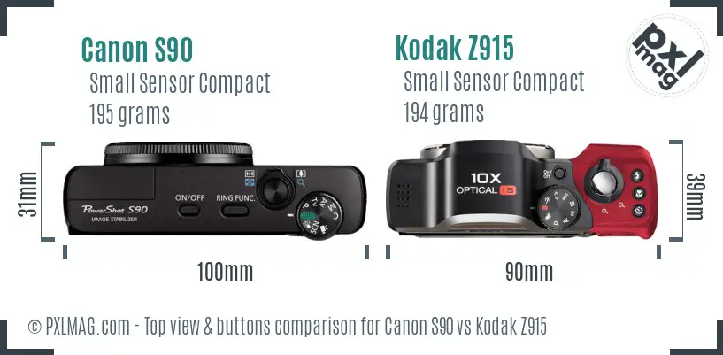 Canon S90 vs Kodak Z915 top view buttons comparison