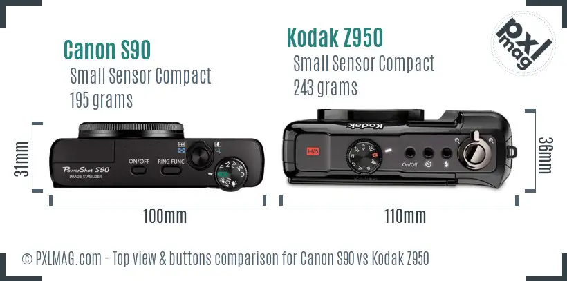 Canon S90 vs Kodak Z950 top view buttons comparison