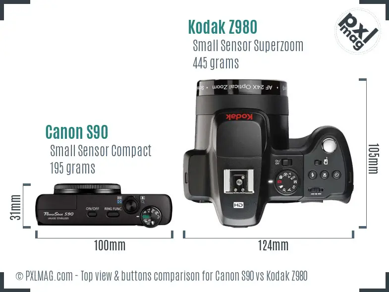 Canon S90 vs Kodak Z980 top view buttons comparison