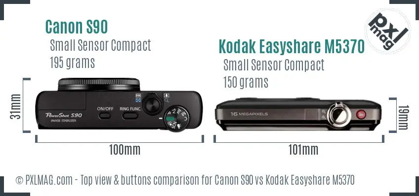 Canon S90 vs Kodak Easyshare M5370 top view buttons comparison