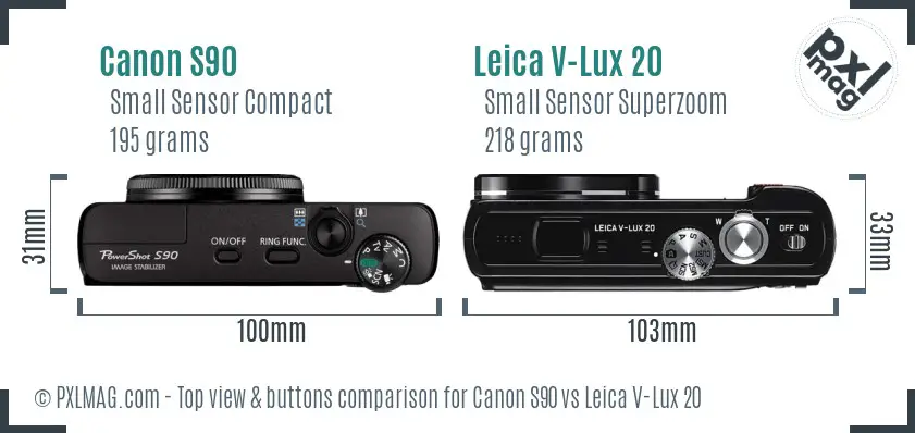 Canon S90 vs Leica V-Lux 20 top view buttons comparison Canon S90 vs Leica V-Lux 20 top view buttons comparison
